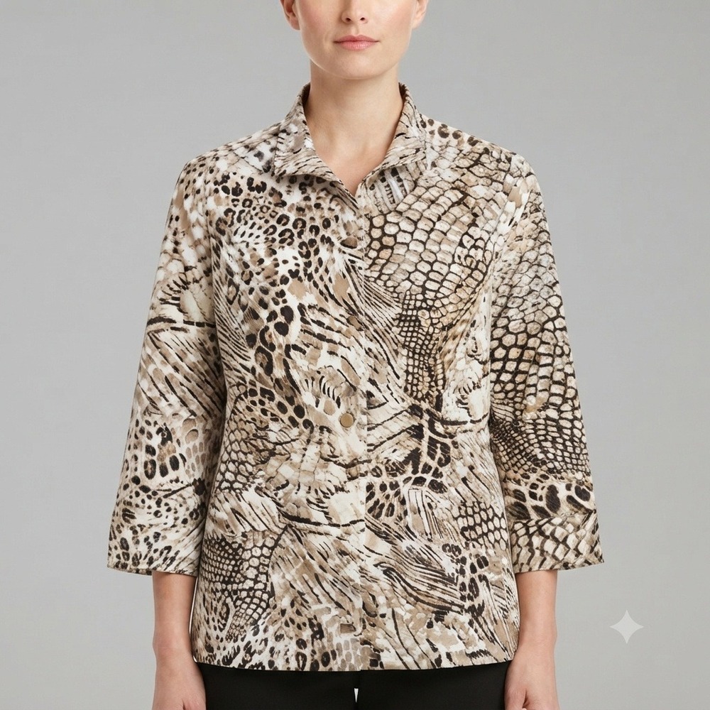 Zenergy by Chicos Jacket Womens 1 Safari Animal Print Mixed Media Zip Snap